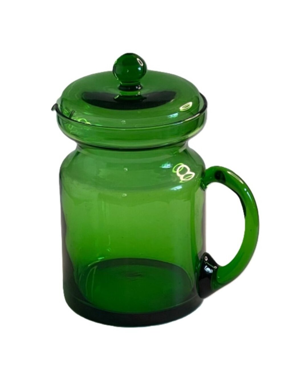 Vintage Mid Century Forest Green Glass Pitcher w/ Original Lid Ice Lip Jug MCM